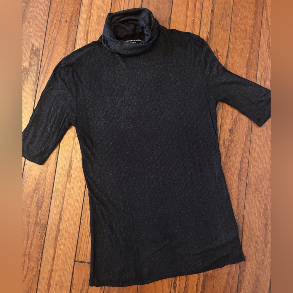 Majestic filatures soft touch elbow sleeve turtleneck black shimmer top petite 1